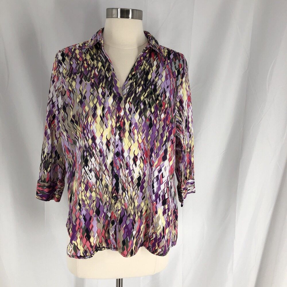 Dana Buchman Geometric Button Blouse Lg V-Neck 3/4 Sleeve
